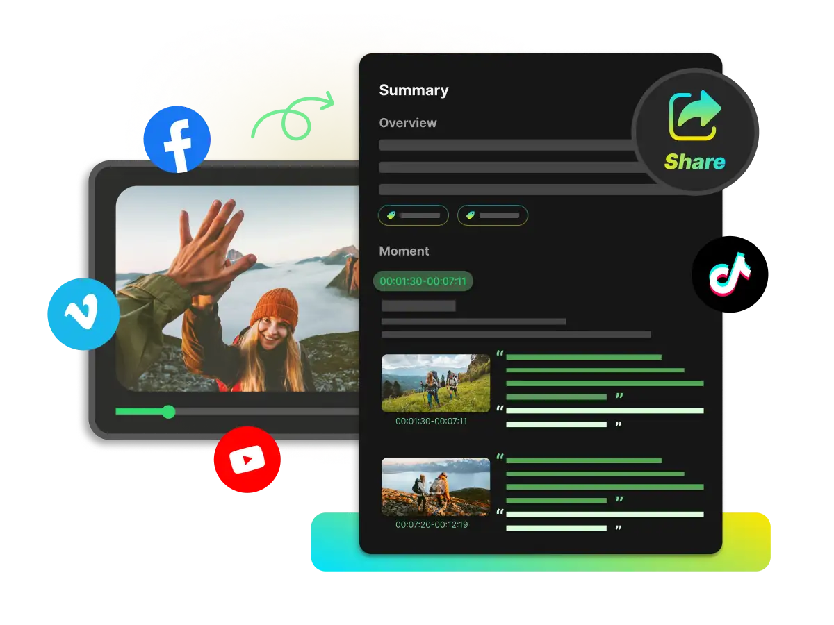 Using the WayinVideo summarizer to find key moments in a video and easily share them on social media platforms like Facebook and TikTok.